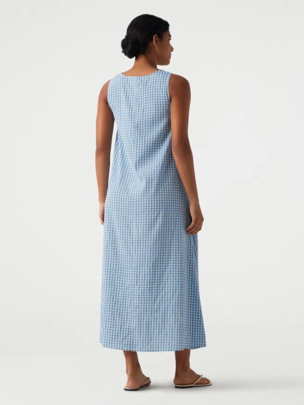 Halara Tank Dress Round Neck Sleeveless Midi Crinkle Gingham Plaid Blue NWT XL - Picture 3 of 13